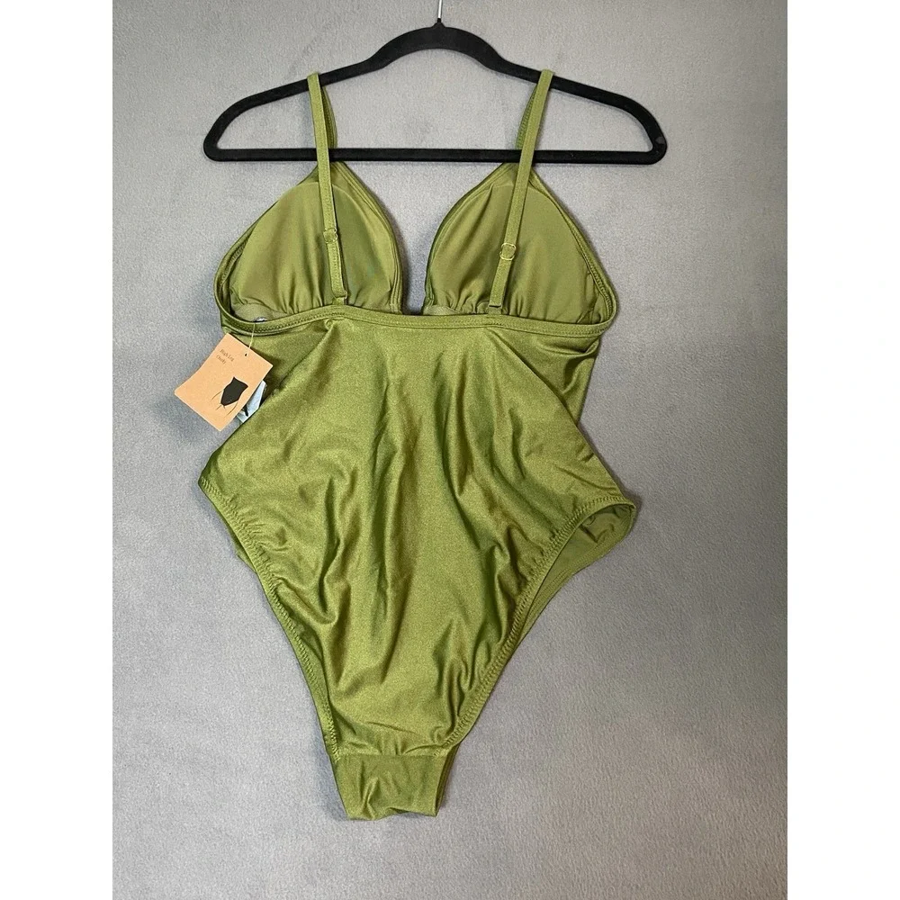 New! Women's L(12/14) Olive Green Deep V  Cheeky One Piece Swimsuit Euro Vacay